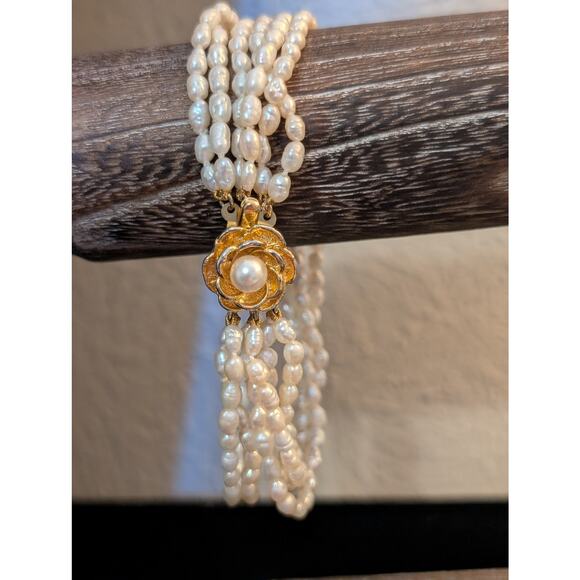 Vintage Six Strand Rice Pearl Floral Pearl Clasp Bracelet - Picture 1 of 7